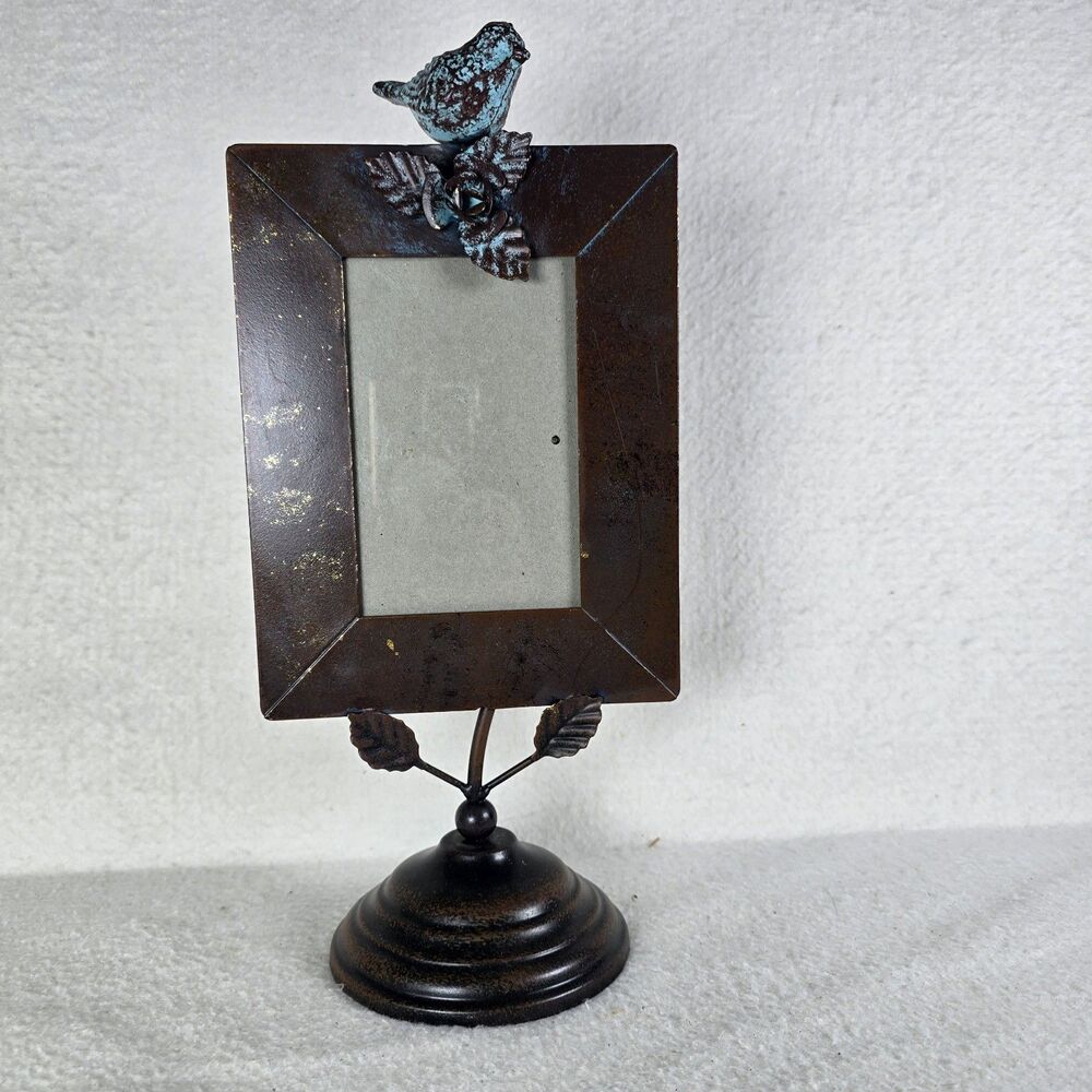 Antique Style Metal Photo Frame With a Bird & Flower On Top Rustic Distressed